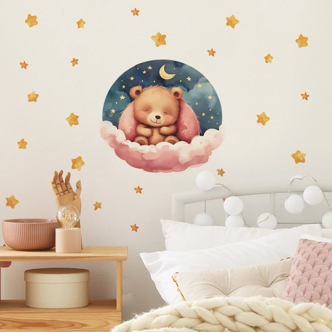 Cartoon Goodnight Little Bear Moon And Stars Wall Sticker Watercolor PVC Animal Wall Decal For Kids Nursery Room Background Decoration