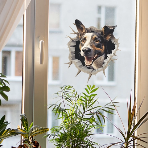 3D Realistische Puppy Gat Muursticker Creatieve Border Collie Hondenkop Door Het Raam Statische PVC Huisdecoratie
