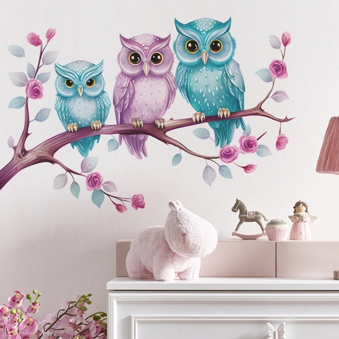 Cartoon Owl Tree Branch Wall Sticker PVC Waterproof Wall Decal For Kids Bedroom Nursery Kindergarten Background Wall Decor