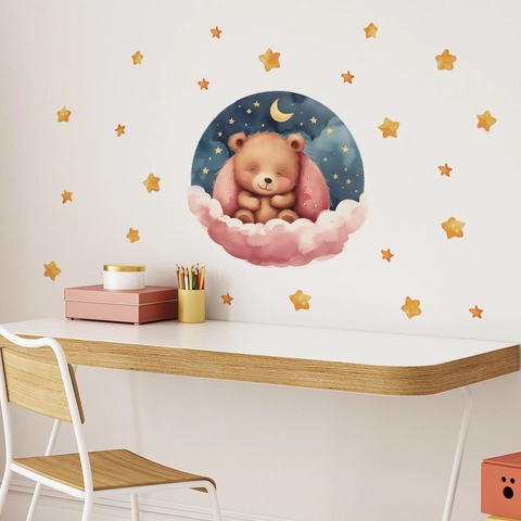 Cartoon Goodnight Little Bear Moon And Stars Wall Sticker Watercolor PVC Animal Wall Decal For Kids Nursery Room Background Decoration