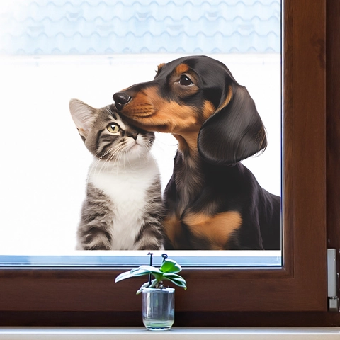 3D Realistisch Katze Und Hund Fensteraufkleber PVC Statische Haftung UV Gedruckt Tiere Glaswandbild Für Home Badezimmer Dekor
