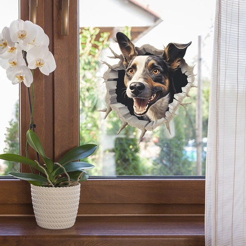 3D Realistische Puppy Gat Muursticker Creatieve Border Collie Hondenkop Door Het Raam Statische PVC Huisdecoratie