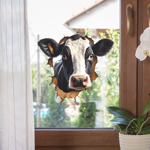 Pegatina de Ventana 3D Cabeza de Vaca Adhesión Estática Creativa PVC Efecto Agujero Mural Para Puerta de Vidrio Baño Hogar