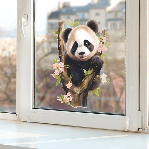 Süße Cartoon Panda Kletterbaum Fensteraufkleber PVC Dekorative Wandtattoo Für Glastür Fenster Dekoration Zuhause Deko