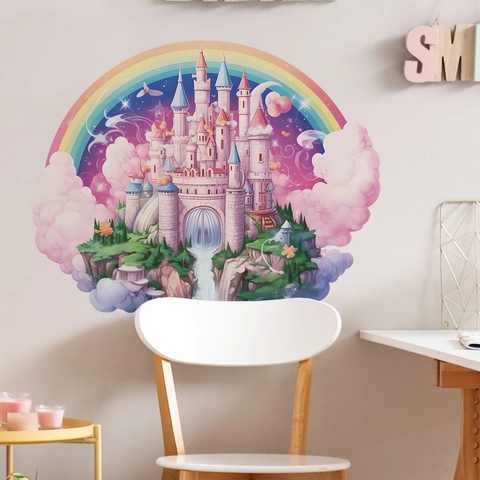 Pegatina de Pared de Castillo Rosa Arcoíris de Dibujos Animados Autoadhesiva PVC Calcomanía DIY para Dormitorio Infantil
