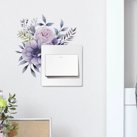 Adhesivo de Pared de Flores Moradas en Acuarela PVC Autoadhesivo Decoración de Enchufes de Interruptores Para Dormitorio Sala de Estar Diseño Floral