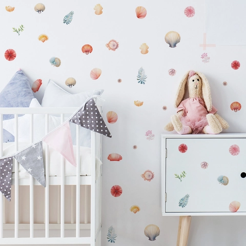 Ocean Theme Wall Stickers Watercolor Sea Shell Coral Leaves PVC Self Adhesive Decals For Kids Room Nursery Bedroom Home Decor