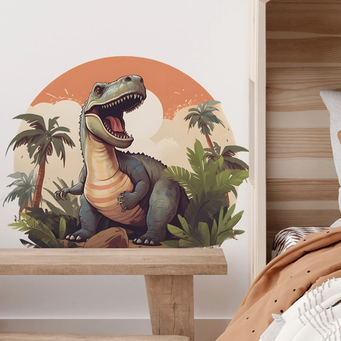 Cartoon Dinosaur Wall Stickers T-Rex Palm Tree Sunset PVC Wall Decals For Kids Room Nursery Kindergarten Decoration