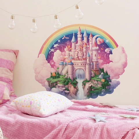 Pegatina de Pared de Castillo Rosa Arcoíris de Dibujos Animados Autoadhesiva PVC Calcomanía DIY para Dormitorio Infantil