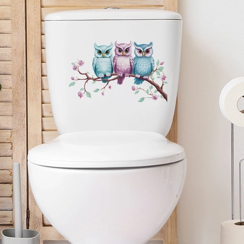 Pegatina para Inodoro Búho de Dibujos Animados Rama de Árbol Impermeable PVC Calcomanía de Pared para Baño Hogar Decoración Removible DIY Póster