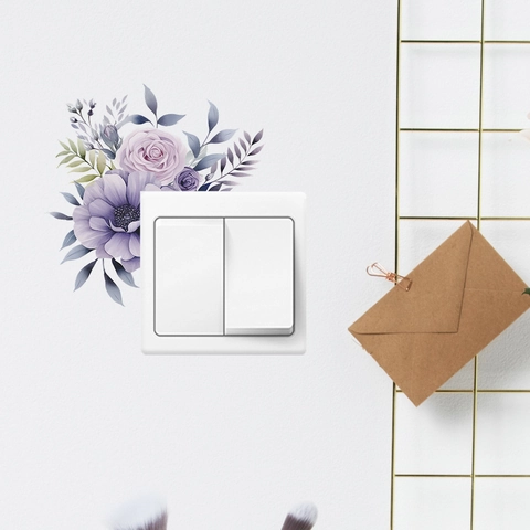 Adhesivo de Pared de Flores Moradas en Acuarela PVC Autoadhesivo Decoración de Enchufes de Interruptores Para Dormitorio Sala de Estar Diseño Floral