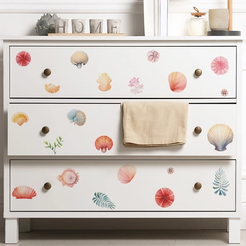 Ocean Theme Wall Stickers Watercolor Sea Shell Coral Leaves PVC Self Adhesive Decals For Kids Room Nursery Bedroom Home Decor