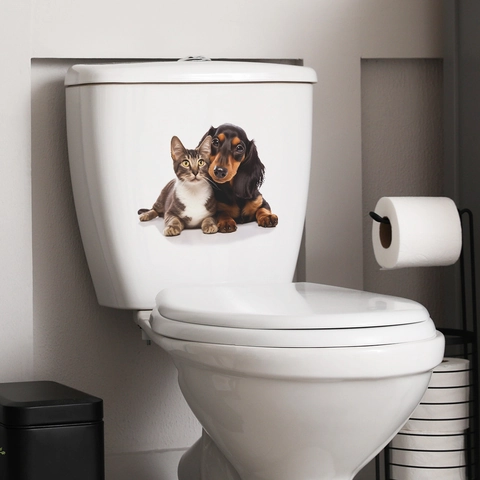 Realistische Kat En Hond Toiletsticker Waterdicht PVC Muursticker Voor Badkamer Decor Schattig Dier Verwijderbare Poster