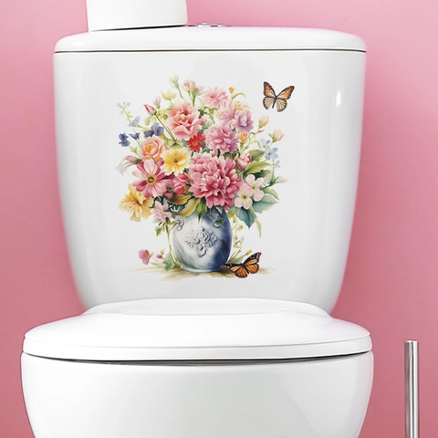 Pegatina para Tapa de Inodoro con Jarrón de Flores en Acuarela Impermeable PVC Decoración de Baño Mariposa Flor Pegatina de Pared