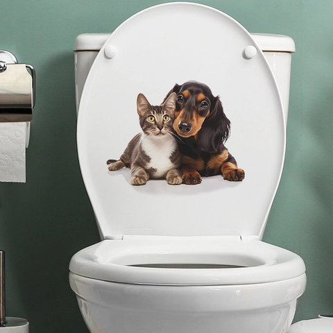 Realistische Kat En Hond Toiletsticker Waterdicht PVC Muursticker Voor Badkamer Decor Schattig Dier Verwijderbare Poster