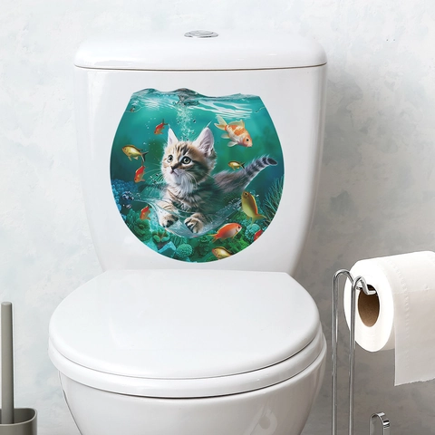 Pegatina de Inodoro 3D Gato Mundo Submarino PVC Impermeable Removible Mural de Pared Lindo Pez Acuario Baño Decoración del Hogar