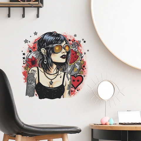 Pegatina de Pared Chica Tatuada Punk Rock PVC Removible Calcomanía Creativa para Dormitorio Sala de Estar Decoración Hogar