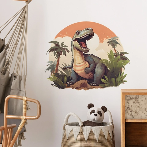 Cartoon Dinosaur Wall Stickers T-Rex Palm Tree Sunset PVC Wall Decals For Kids Room Nursery Kindergarten Decoration