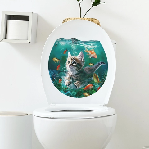 Pegatina de Inodoro 3D Gato Mundo Submarino PVC Impermeable Removible Mural de Pared Lindo Pez Acuario Baño Decoración del Hogar