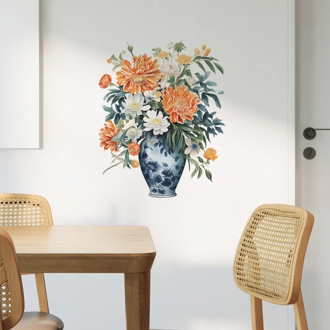 Blue And White Porcelain Vase Floral Wall Sticker PVC Removable Flower Wall Decal For Living Room Bedroom Home Art Decor