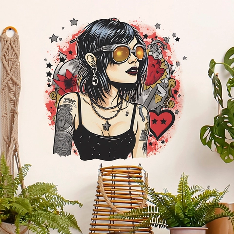 Pegatina de Pared Chica Tatuada Punk Rock PVC Removible Calcomanía Creativa para Dormitorio Sala de Estar Decoración Hogar