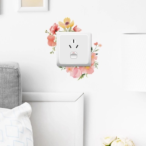 Watercolor Pink Flower Green Leaf PVC Wall Sticker Floral Switch Socket Decorative Decal For Bedroom Living Room