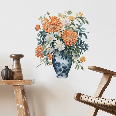 Blue And White Porcelain Vase Floral Wall Sticker PVC Removable Flower Wall Decal For Living Room Bedroom Home Art Decor