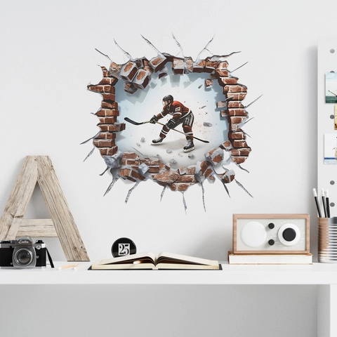 Adhesivo de Pared 3D Jugador de Hockey sobre Hielo Pared Rota PVC Removible Creativo para Habitación Niños Sala de Estar
