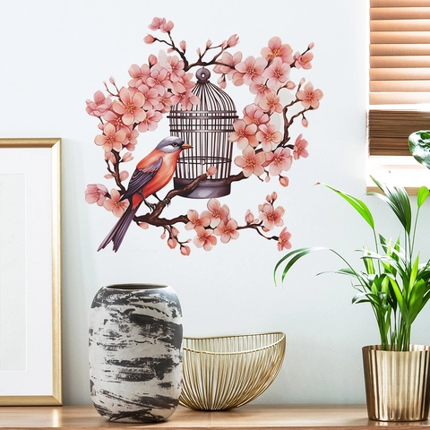 Adesivo da Parete Con Fiori di Prugno e Gabbia Per Uccelli Acquerello Decalcomania Murale in PVC Per Soggiorno Camera Da Letto Decorazione Artistica