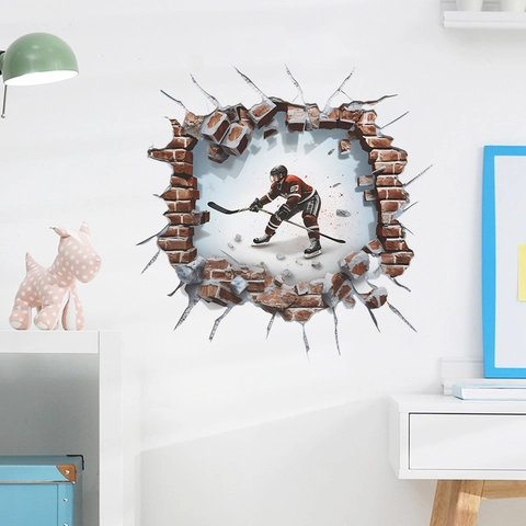 Adhesivo de Pared 3D Jugador de Hockey sobre Hielo Pared Rota PVC Removible Creativo para Habitación Niños Sala de Estar