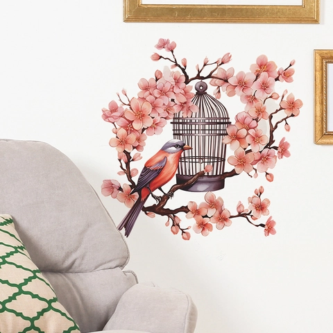 Adesivo da Parete Con Fiori di Prugno e Gabbia Per Uccelli Acquerello Decalcomania Murale in PVC Per Soggiorno Camera Da Letto Decorazione Artistica