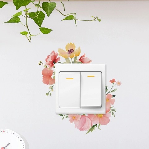 Watercolor Pink Flower Green Leaf PVC Wall Sticker Floral Switch Socket Decorative Decal For Bedroom Living Room
