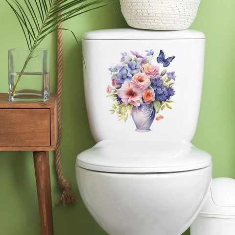 Pegatina para Tapa de Inodoro con Jarrón de Flores en Acuarela Impermeable PVC Decoración de Baño Mariposa Flor Pegatina de Pared