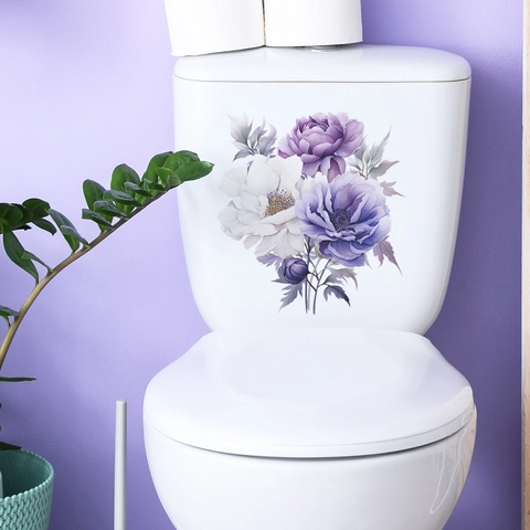 Adesivo per WC con Peonia Viola Floreale Impermeabile in PVC Decalcomania da Parete Bagno Murale Moderno a Fiori per Decorazione WC