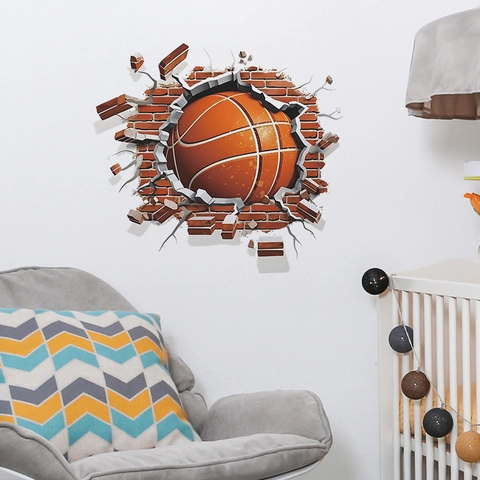 Pegatina De Pared 3D Baloncesto Pared Rota PVC Impermeable Mural Para Dormitorio Niños Sala Estar Decoración Deportiva Moderna