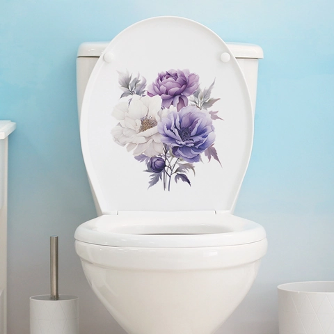 Adesivo per WC con Peonia Viola Floreale Impermeabile in PVC Decalcomania da Parete Bagno Murale Moderno a Fiori per Decorazione WC