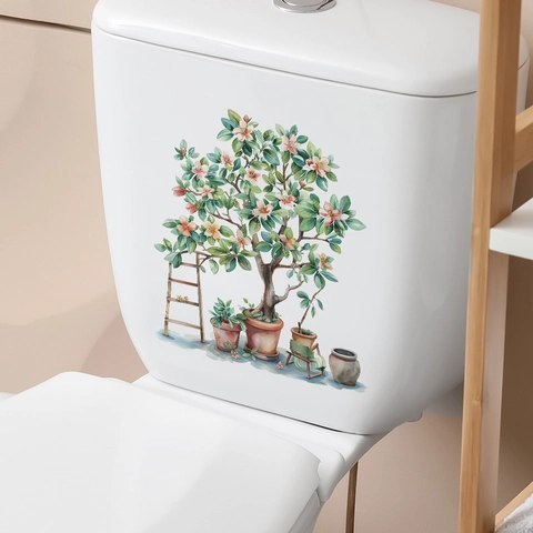 Aquarel Potplanten Bloem Boom Toiletsticker PVC Waterdicht Decoratieve Muursticker Voor Badkamer Toilet Home Decor fun-m99