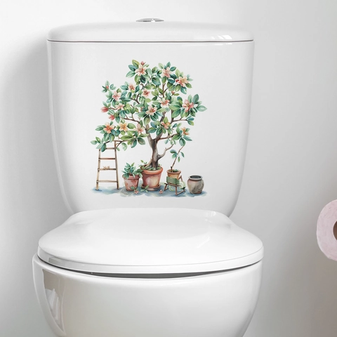 Aquarel Potplanten Bloem Boom Toiletsticker PVC Waterdicht Decoratieve Muursticker Voor Badkamer Toilet Home Decor fun-m99