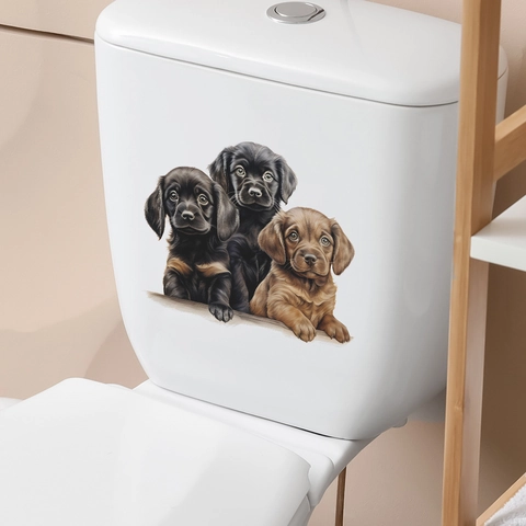 Autocollant de Toilette Trois Chiots Réaliste Étanche PVC Salle de Bain Décor Autocollant Mural Amovible Décalcomanie de Chien