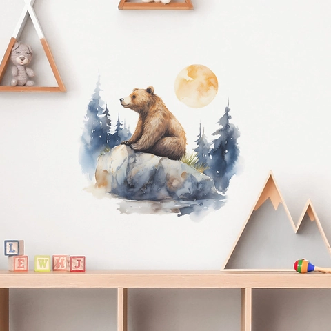 Aquarell Braunbär Wald Mond Wandaufkleber Für Kinderzimmer Deko PVC Wasserdicht Selbstklebend Tiere Wandtattoo
