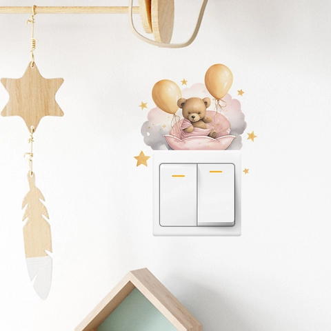 Adesivo da Parete Orsetto Con Palloncino Stella per Cameretta Bambini Simpatico Adesivo per Interruttore Nuvola Rosa PVC