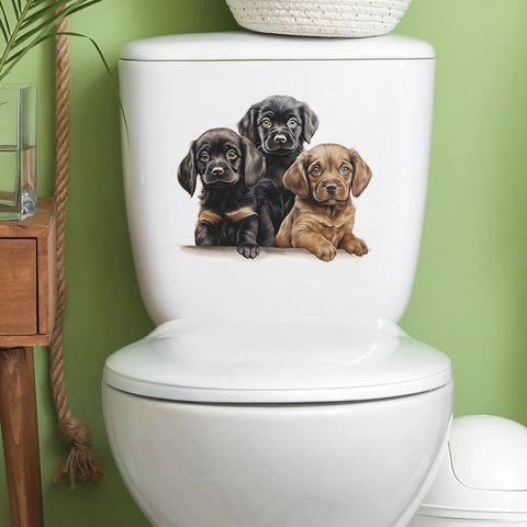 Autocollant de Toilette Trois Chiots Réaliste Étanche PVC Salle de Bain Décor Autocollant Mural Amovible Décalcomanie de Chien