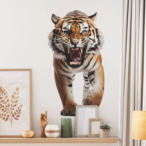 Sticker Mural Tigre Féroce Réaliste 3D Amovible Auto-Adhésif en PVC pour Décoration Murale Salon Chambre à Coucher