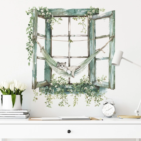 3D Falsches Fenster Katze Wandtattoo PVC Selbstklebend Aquarell Blumen Pflanzen Aufkleber Für Schlafzimmer Wohnzimmer