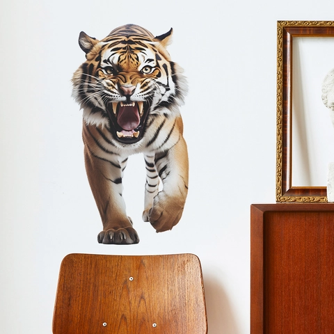 Sticker Mural Tigre Féroce Réaliste 3D Amovible Auto-Adhésif en PVC pour Décoration Murale Salon Chambre à Coucher