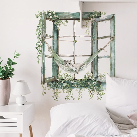 3D Falsches Fenster Katze Wandtattoo PVC Selbstklebend Aquarell Blumen Pflanzen Aufkleber Für Schlafzimmer Wohnzimmer