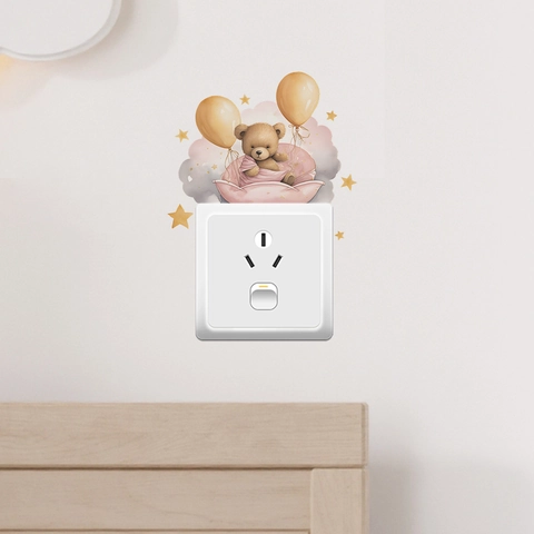 Adesivo da Parete Orsetto Con Palloncino Stella per Cameretta Bambini Simpatico Adesivo per Interruttore Nuvola Rosa PVC