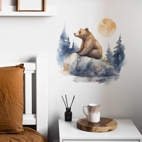 Aquarell Braunbär Wald Mond Wandaufkleber Für Kinderzimmer Deko PVC Wasserdicht Selbstklebend Tiere Wandtattoo