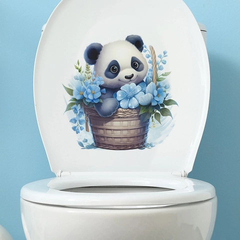 Adhesivo para Tapa de Inodoro de Panda Lindo en Cesta de Flores PVC Impermeable Dibujos Animados Panda Floral Decoración de Baño