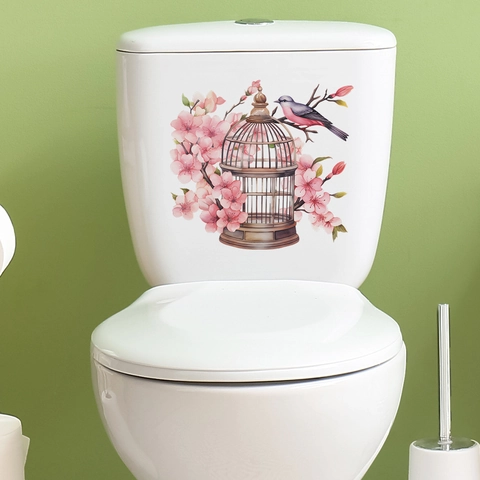 Watercolor Birdcage Cherry Blossom PVC Toilet Sticker Waterproof Bathroom Wall Art Decal For Restroom Home Decoration